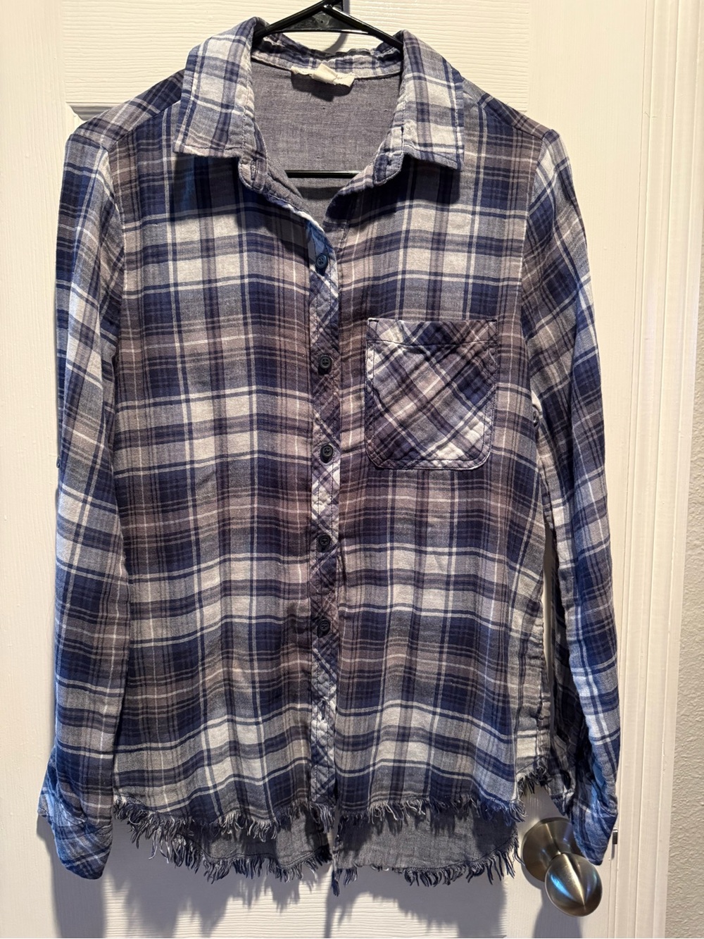 Cloth & Stone Anthropologie Blue Plaid Raw Hem Peplum Button Down Shirt S